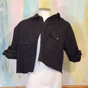 Vtg Gorpcore Mens Black Denim SHIRT‎ Y2K Cutoff Punk Cargo Pocket raw hem Large